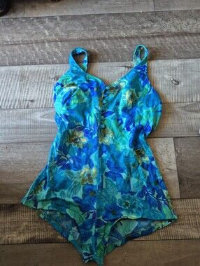 Maxine Of Hollywood Swimsuit Vintage 90s Does 50s Floral Blues Full Coverage 14
